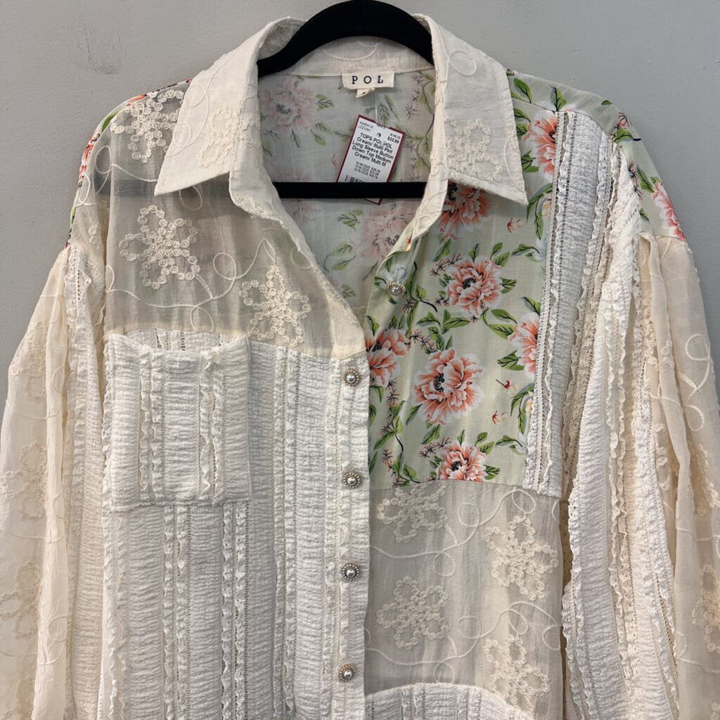 POL Cream/ Multi Pint Long Sleeve Button Down Top Medium