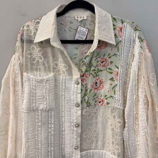 POL Cream/ Multi Pint Long Sleeve Button Down Top Medium