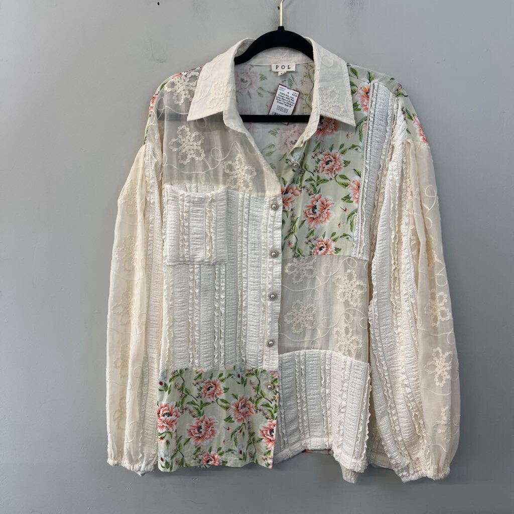 POL Cream/ Multi Pint Long Sleeve Button Down Top Medium