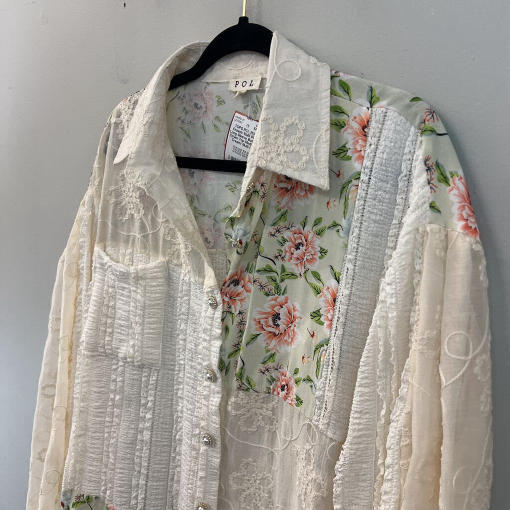 POL Cream/ Multi Pint Long Sleeve Button Down Top Medium