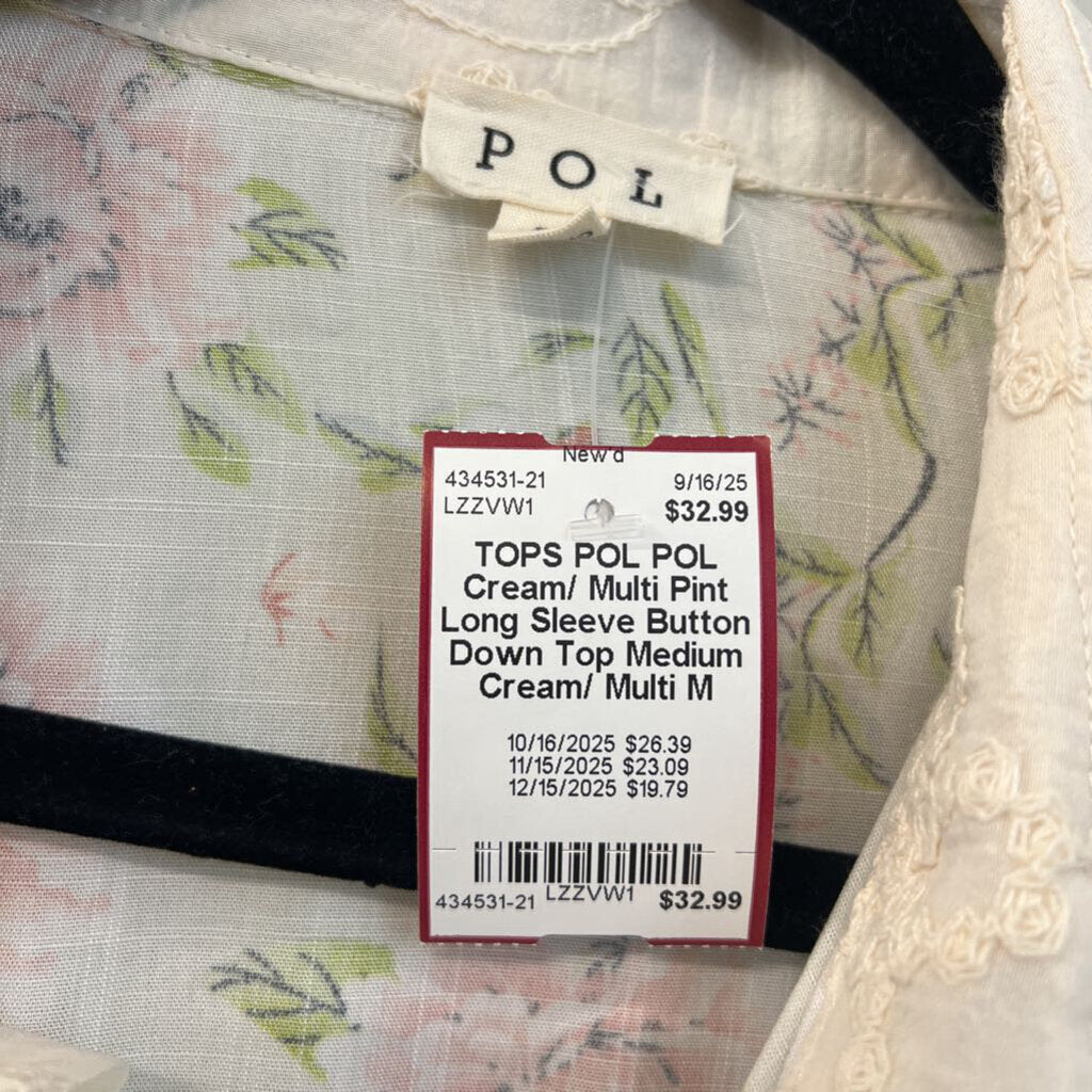 POL Cream/ Multi Pint Long Sleeve Button Down Top Medium