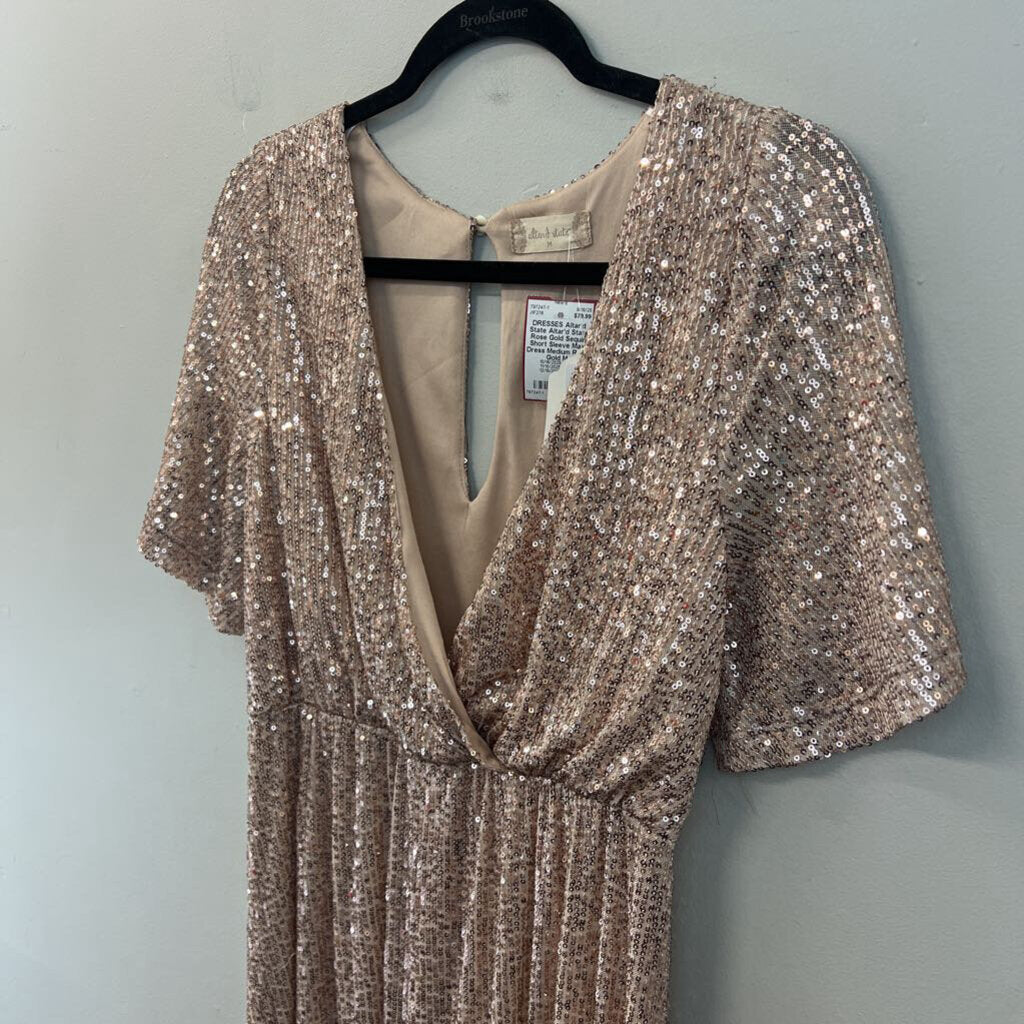 Altar'd State Rose Gold Sequin Short Sleeve Maxi Dress Medium