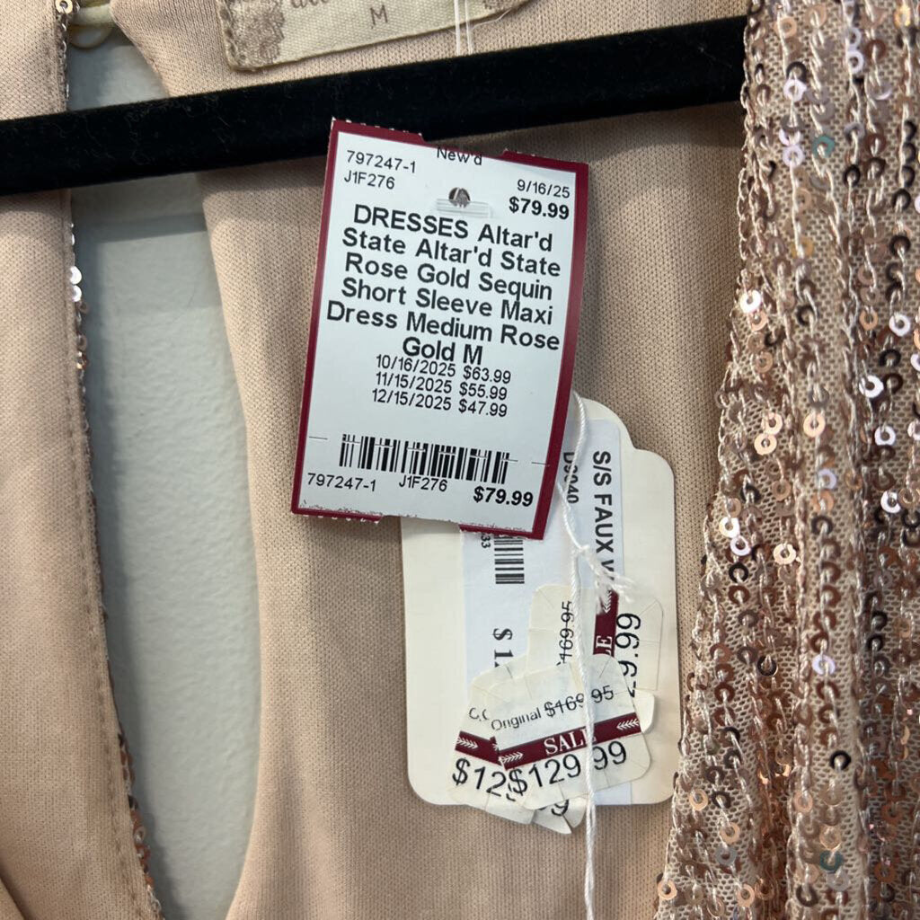 Altar'd State Rose Gold Sequin Short Sleeve Maxi Dress Medium