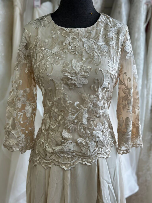 MSGLAMOR Light Gold Lace Long Sleeve Top Long Formal Dress Medium