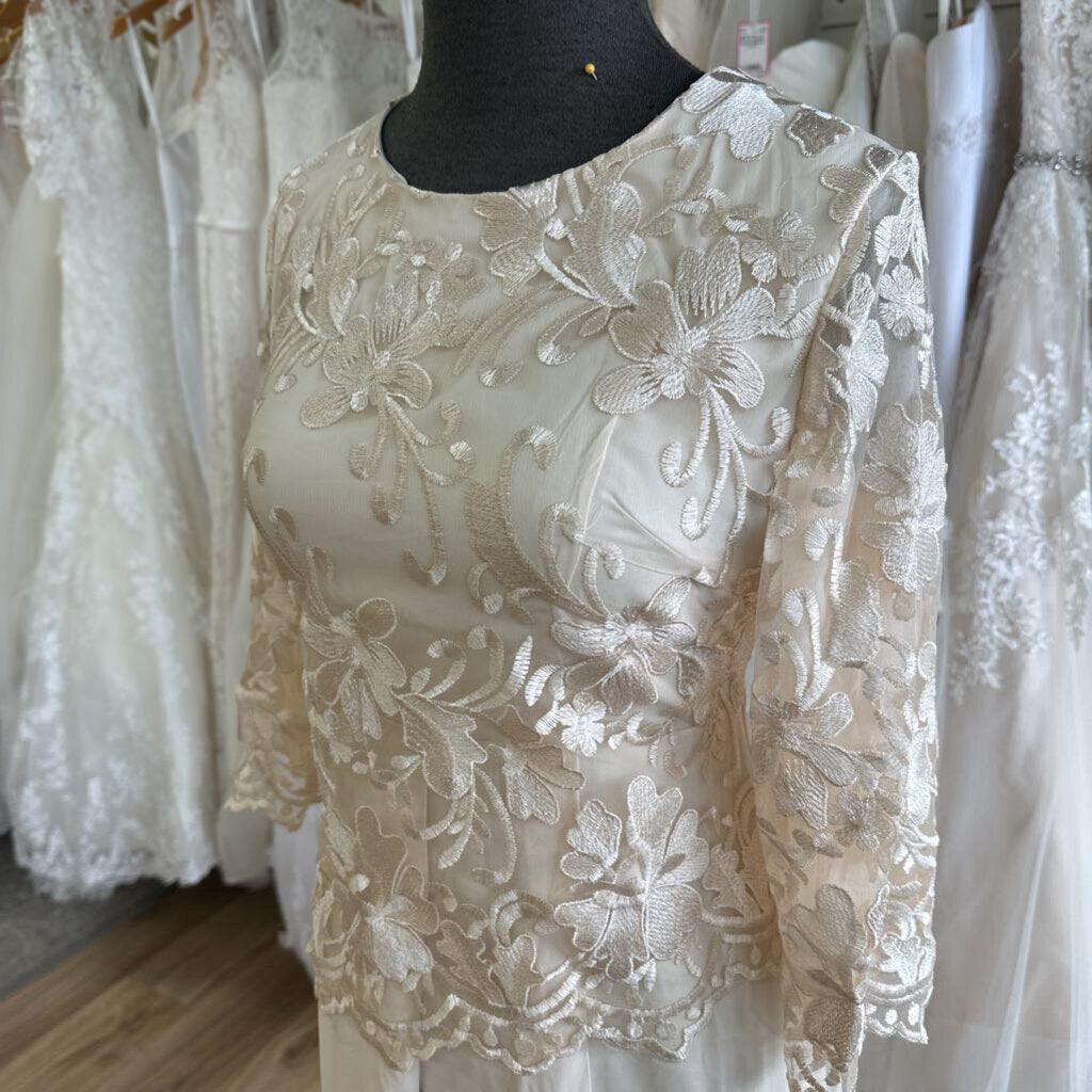 ShallWe Light Gold Lace Long Sleeve Top Long Formal Dress Small