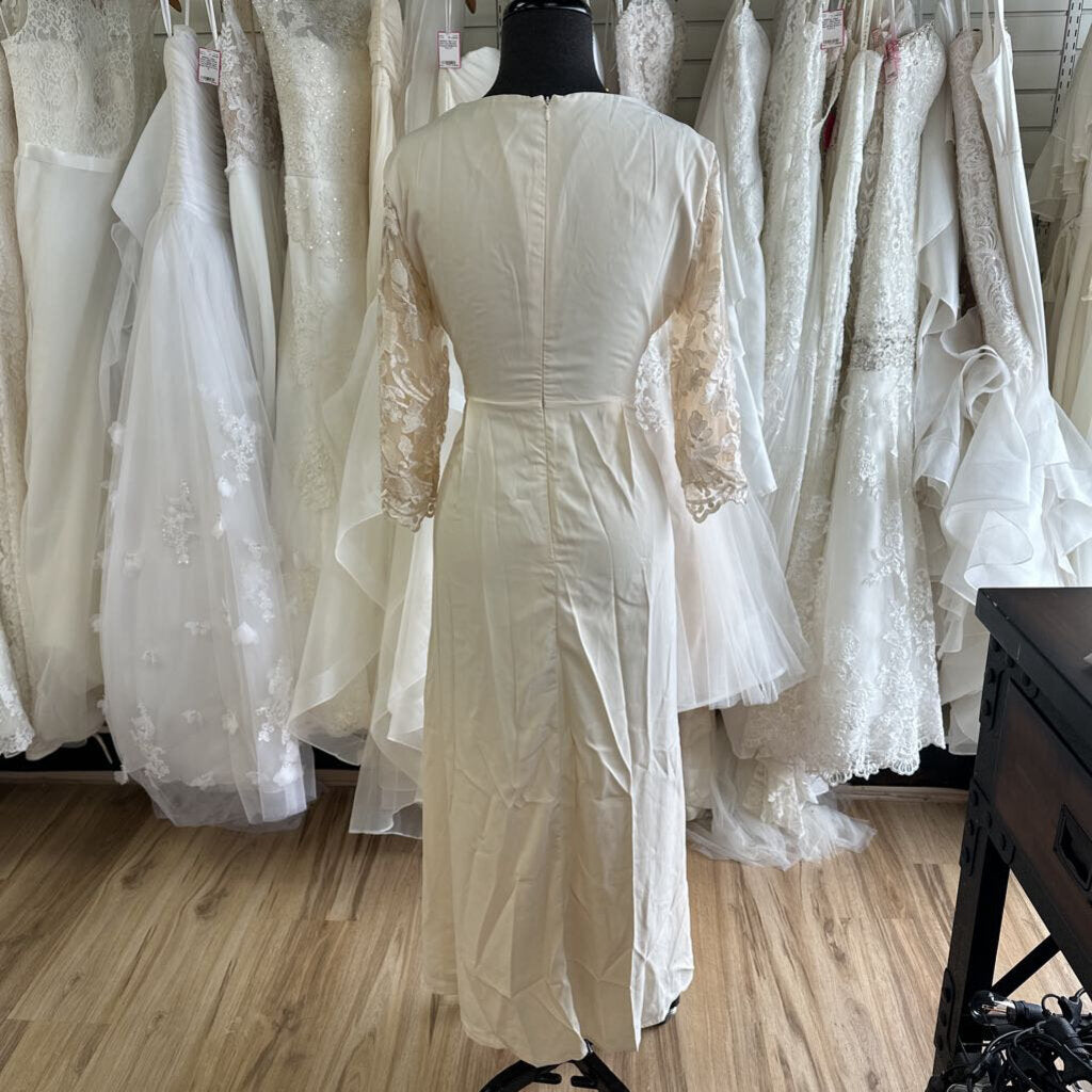 ShallWe Light Gold Lace Long Sleeve Top Long Formal Dress Small