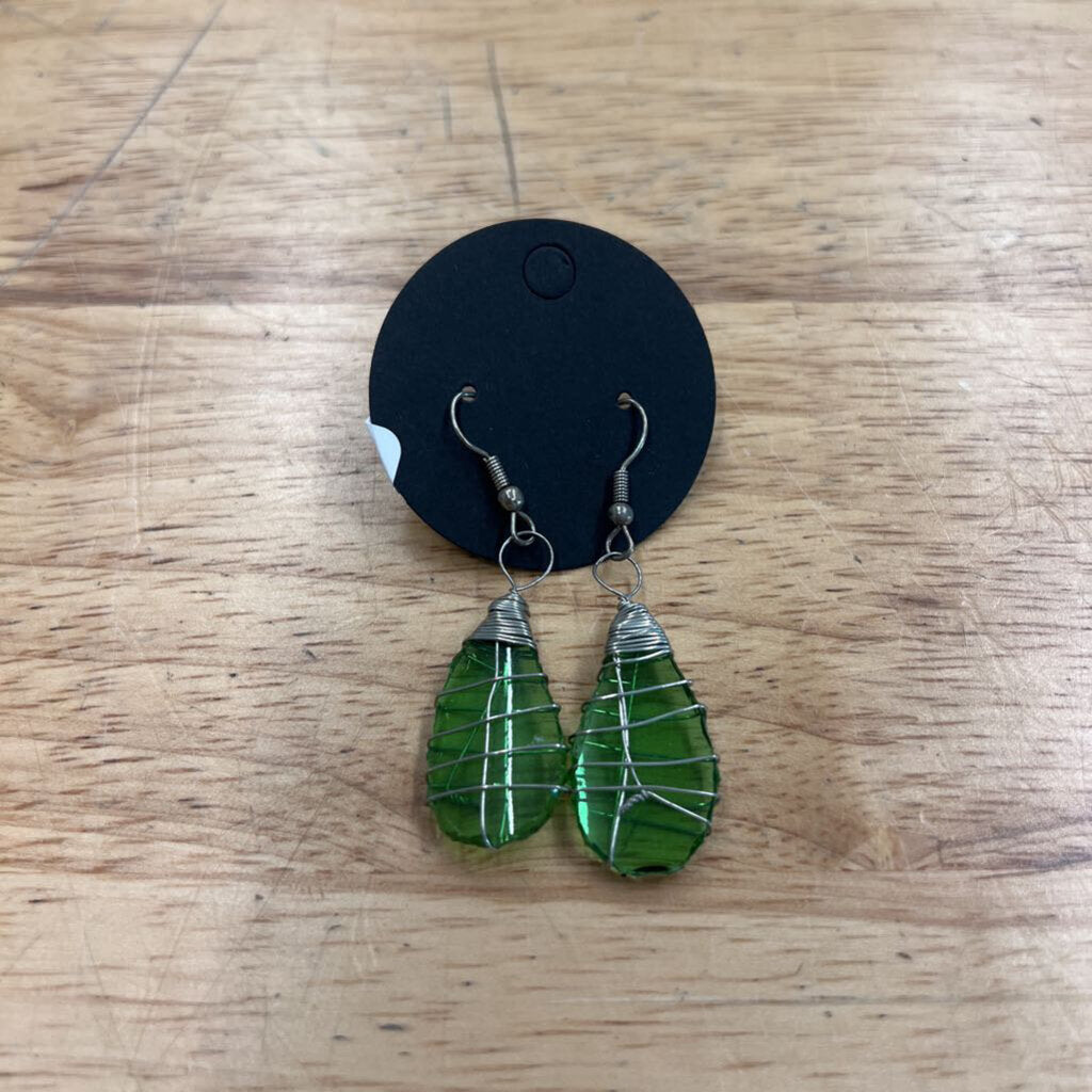 Silver/ Green Stone Drop Earrings