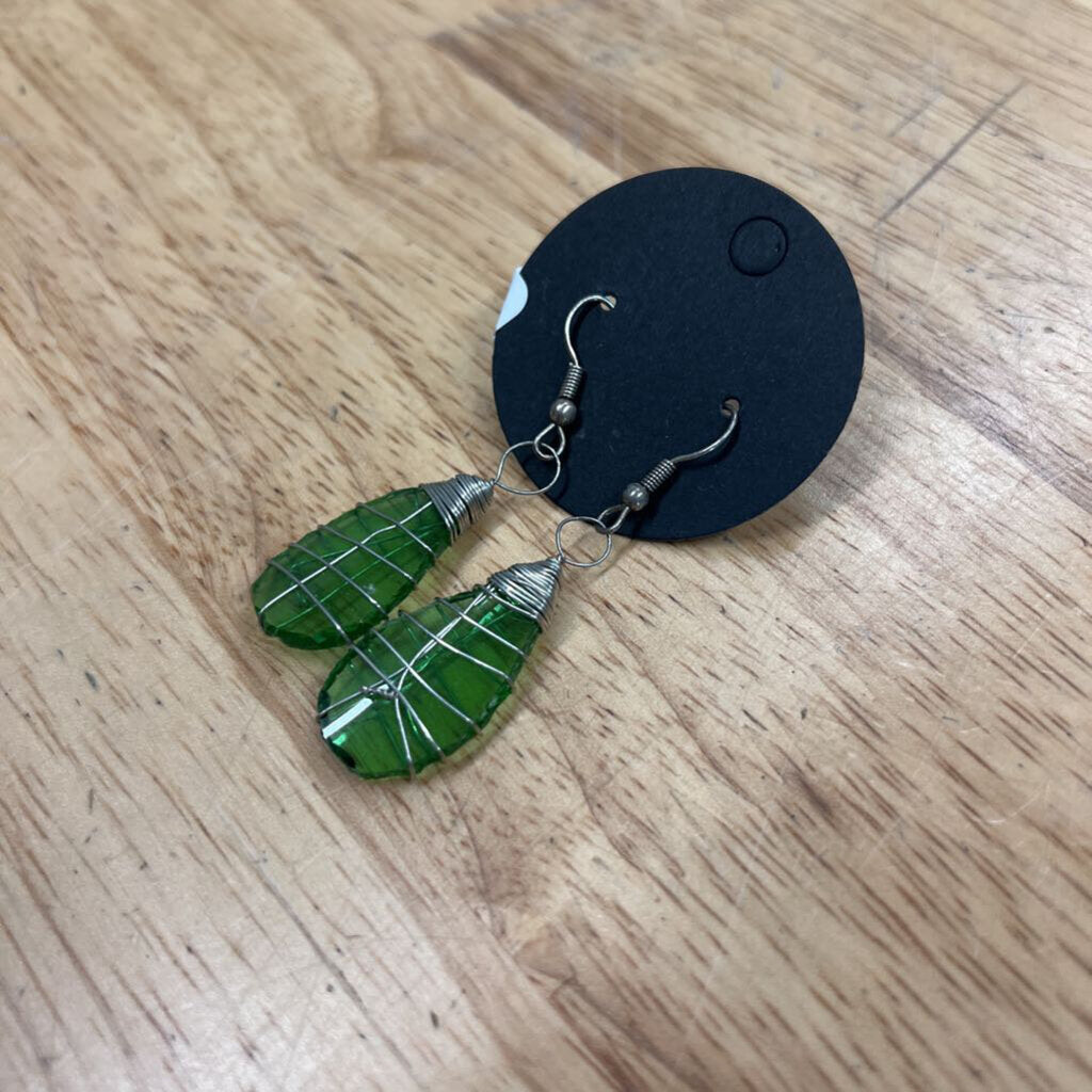 Silver/ Green Stone Drop Earrings
