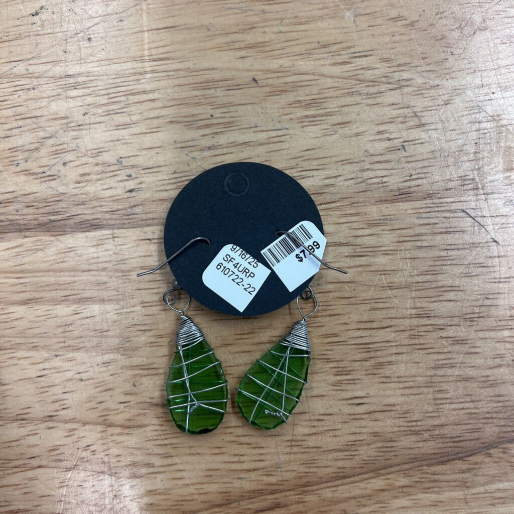 Silver/ Green Stone Drop Earrings