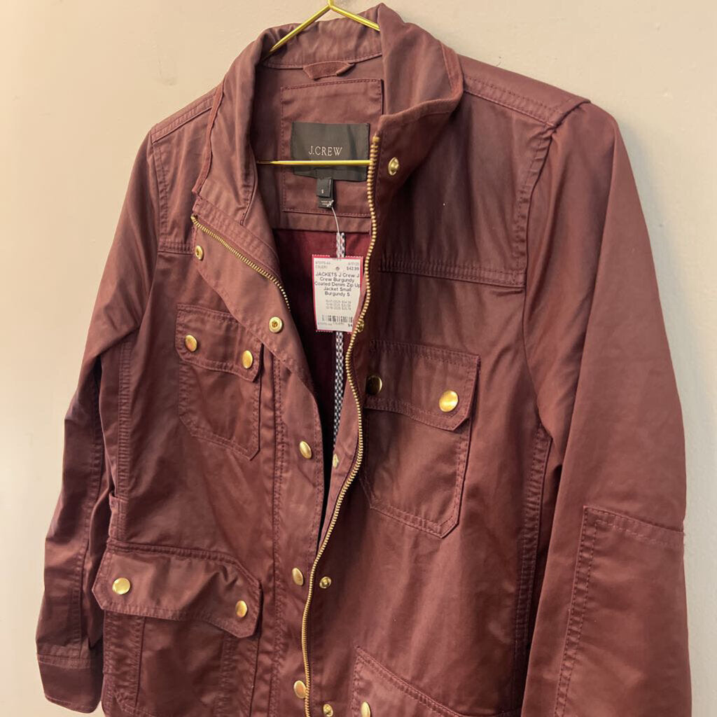 J Crew Burgundy Coated Denim Zip Up Jacket Small