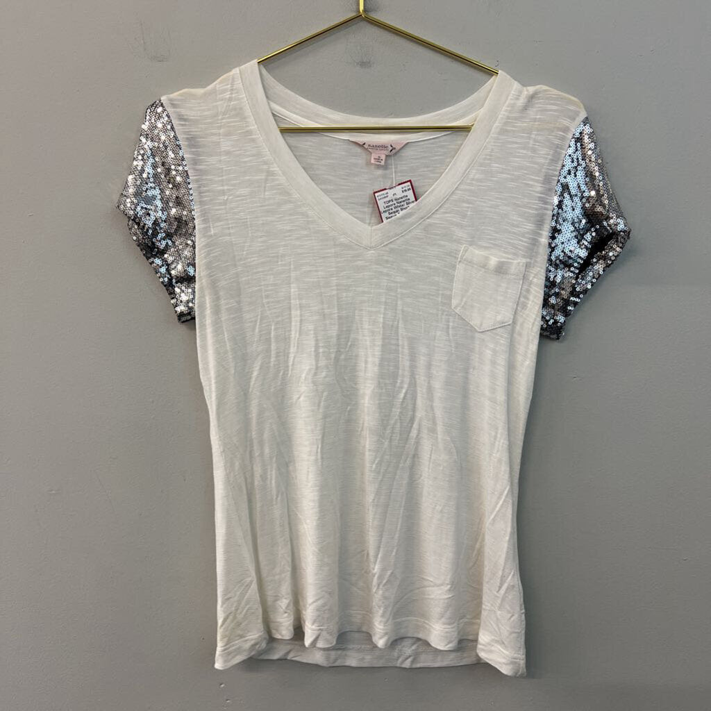 Nanette Lepore White/ Silver Sequin Short Sleeve Top Extra Small