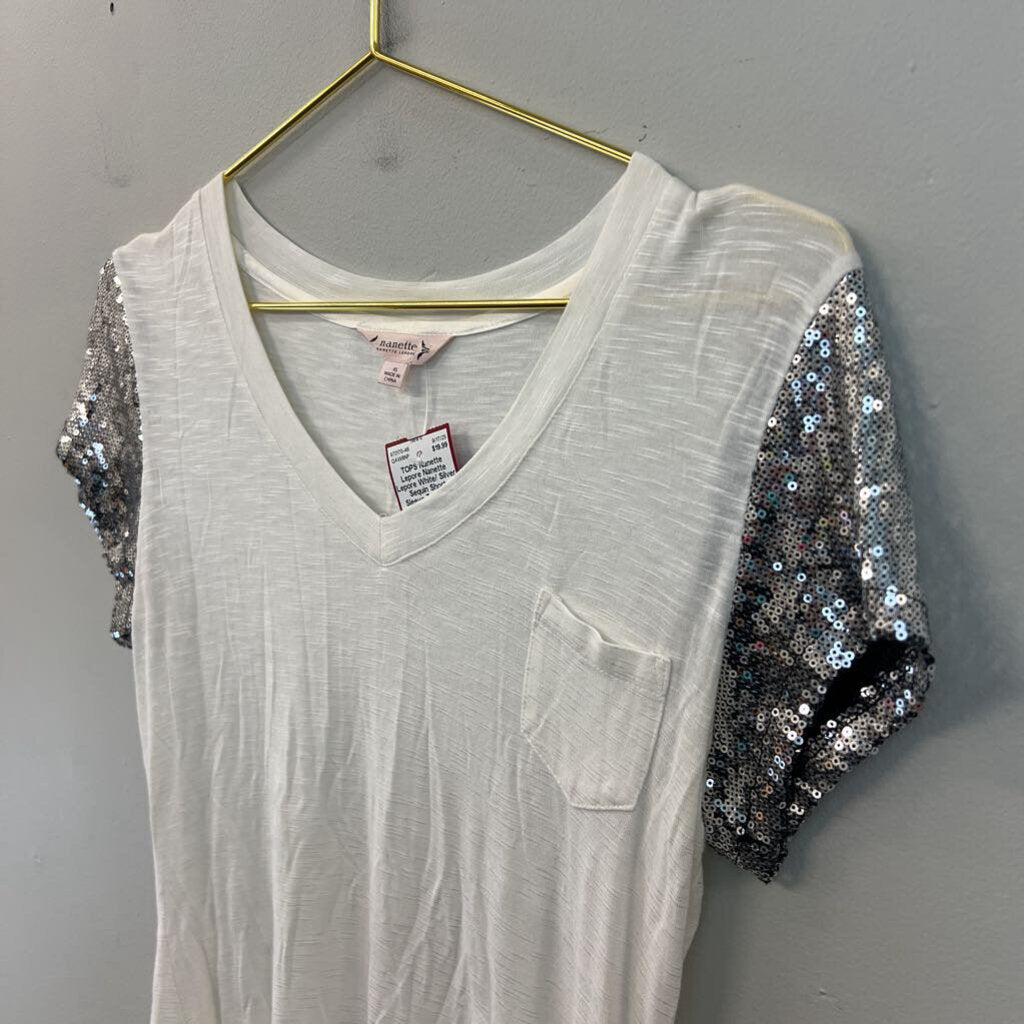 Nanette Lepore White/ Silver Sequin Short Sleeve Top Extra Small