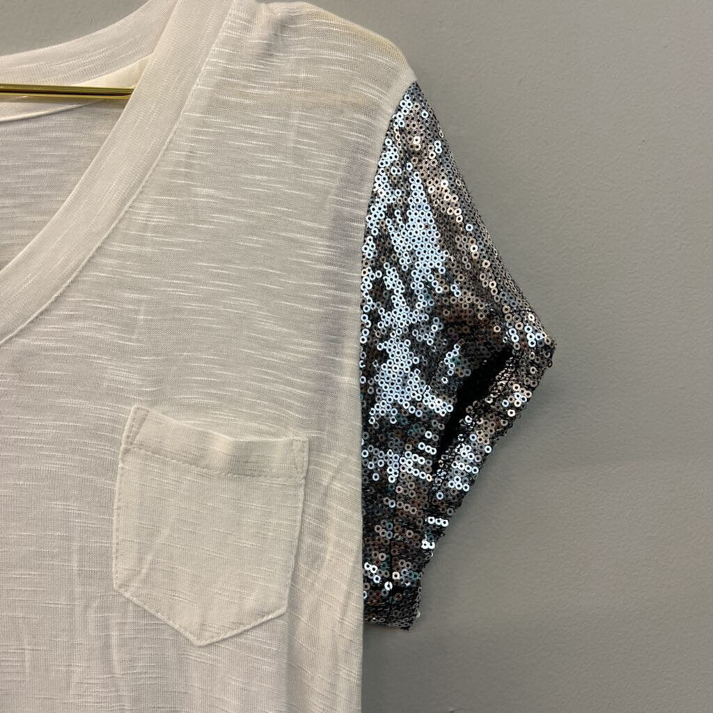 Nanette Lepore White/ Silver Sequin Short Sleeve Top Extra Small