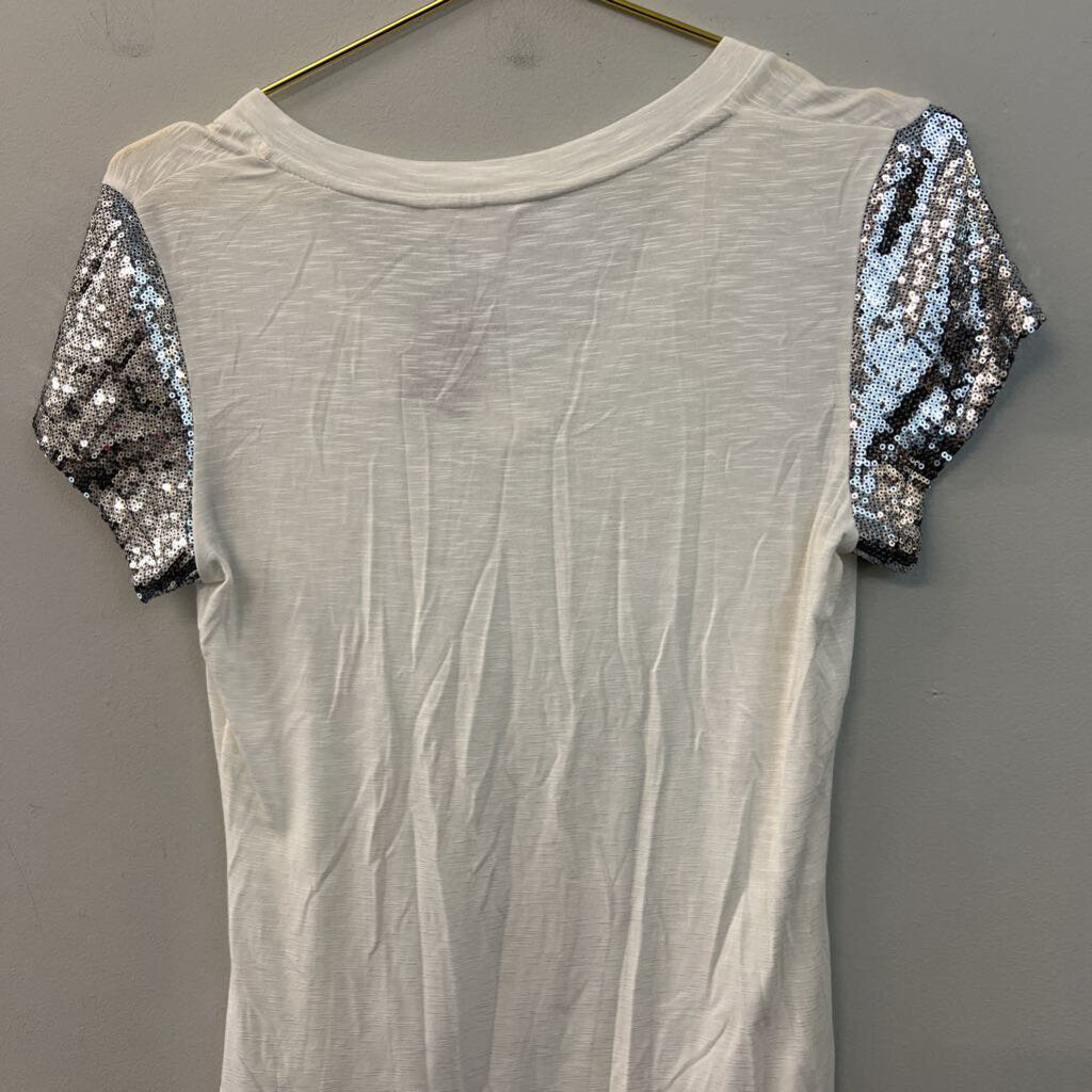 Nanette Lepore White/ Silver Sequin Short Sleeve Top Extra Small