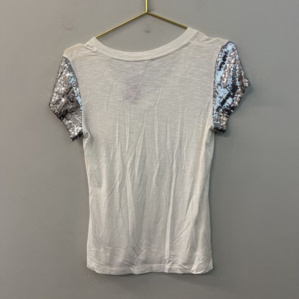 Nanette Lepore White/ Silver Sequin Short Sleeve Top Extra Small