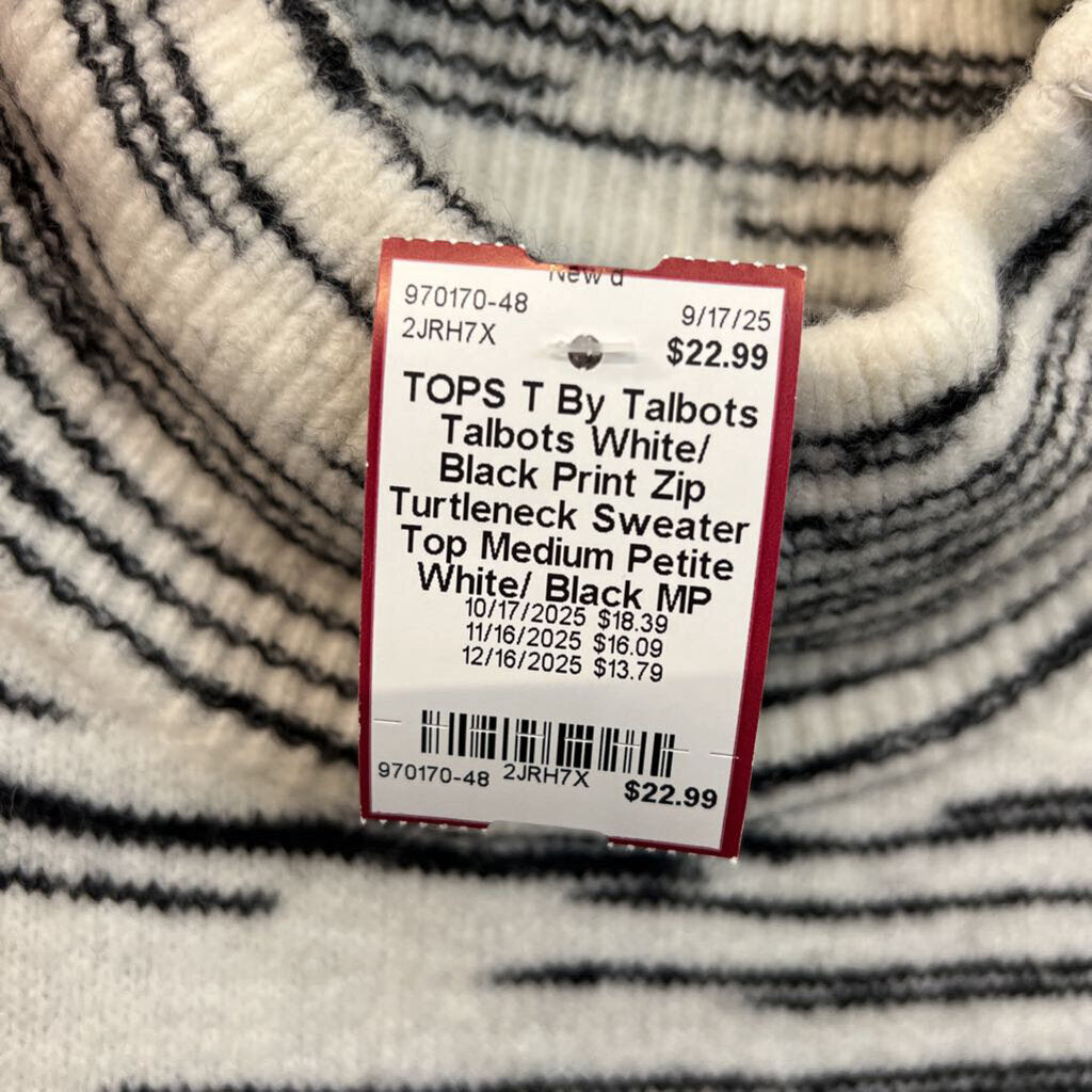 Talbots White/ Black Print Zip Turtleneck Sweater Top Medium Petite