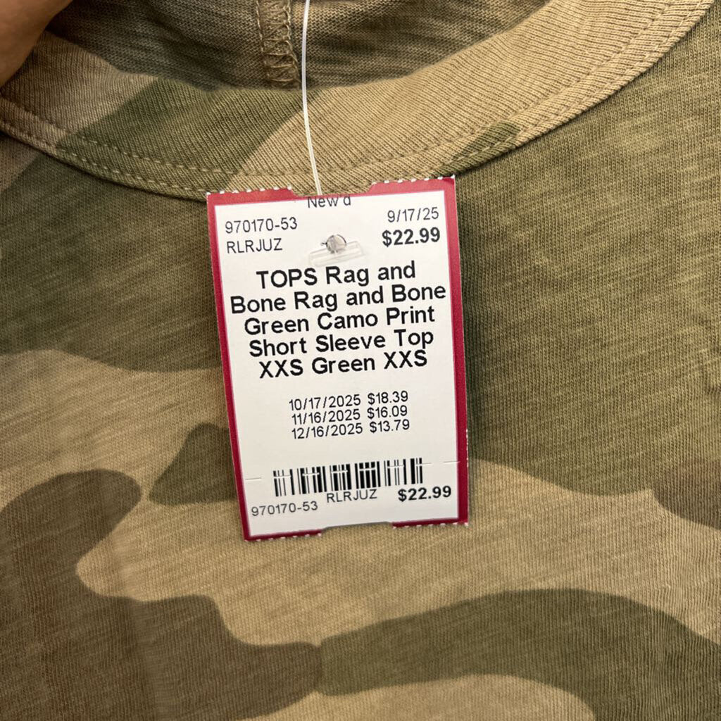 Rag and Bone Green Camo Print Short Sleeve Top XXS