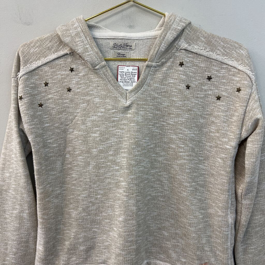 Lucky Brand Beige/ Gold Thread Star Detail Cropped Hooded Pullover Large
