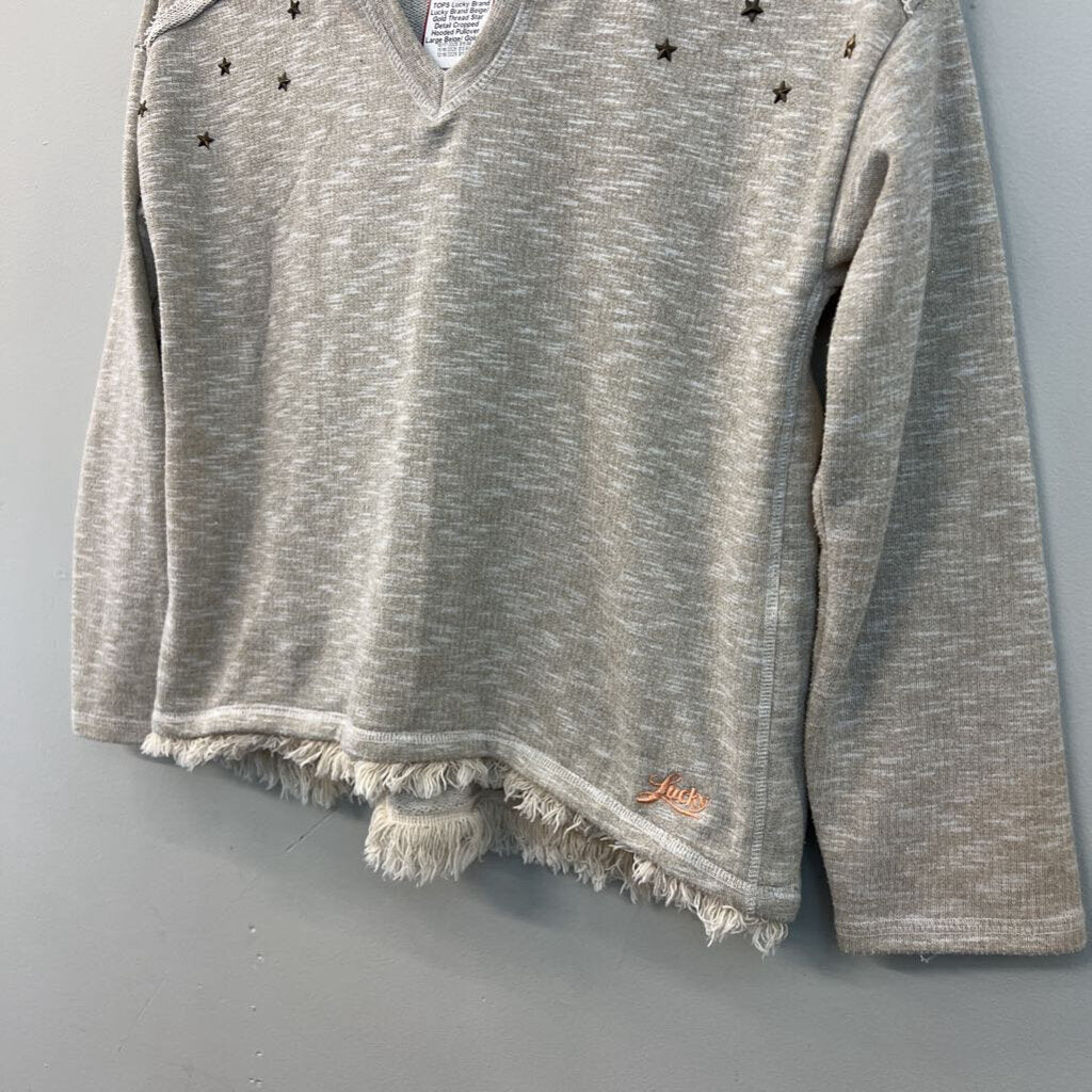 Lucky Brand Beige/ Gold Thread Star Detail Cropped Hooded Pullover Large