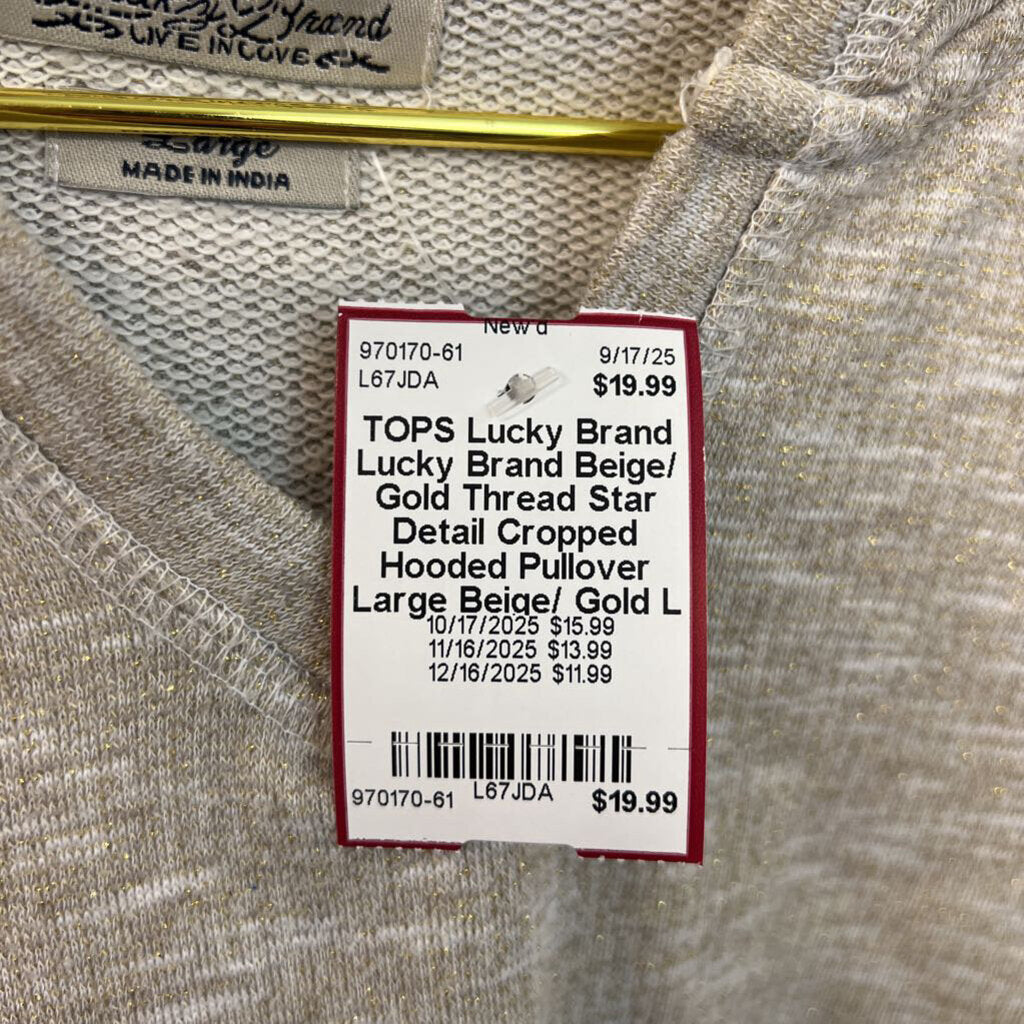 Lucky Brand Beige/ Gold Thread Star Detail Cropped Hooded Pullover Large