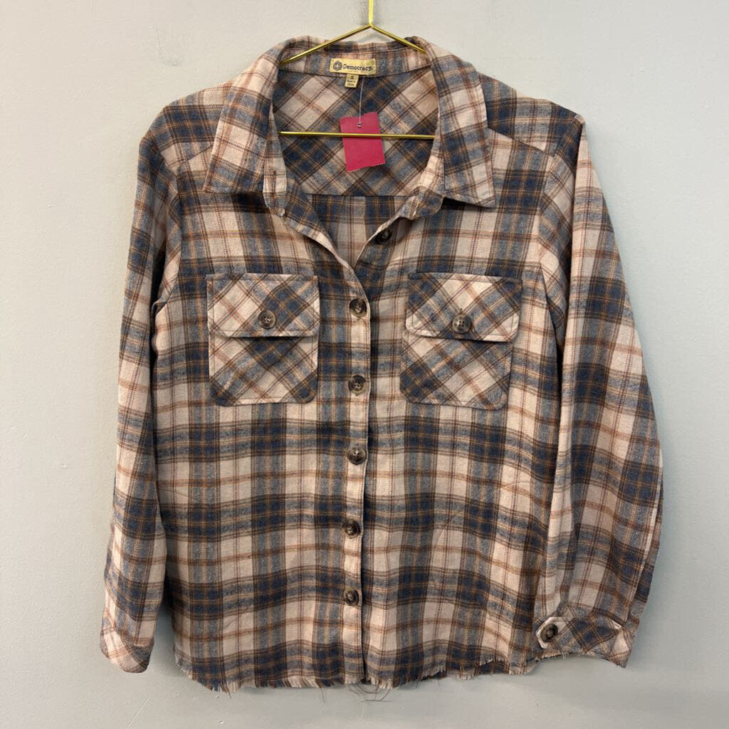 Democracy Brown/ Blue Plaid Long Sleeve Button Down Top Small