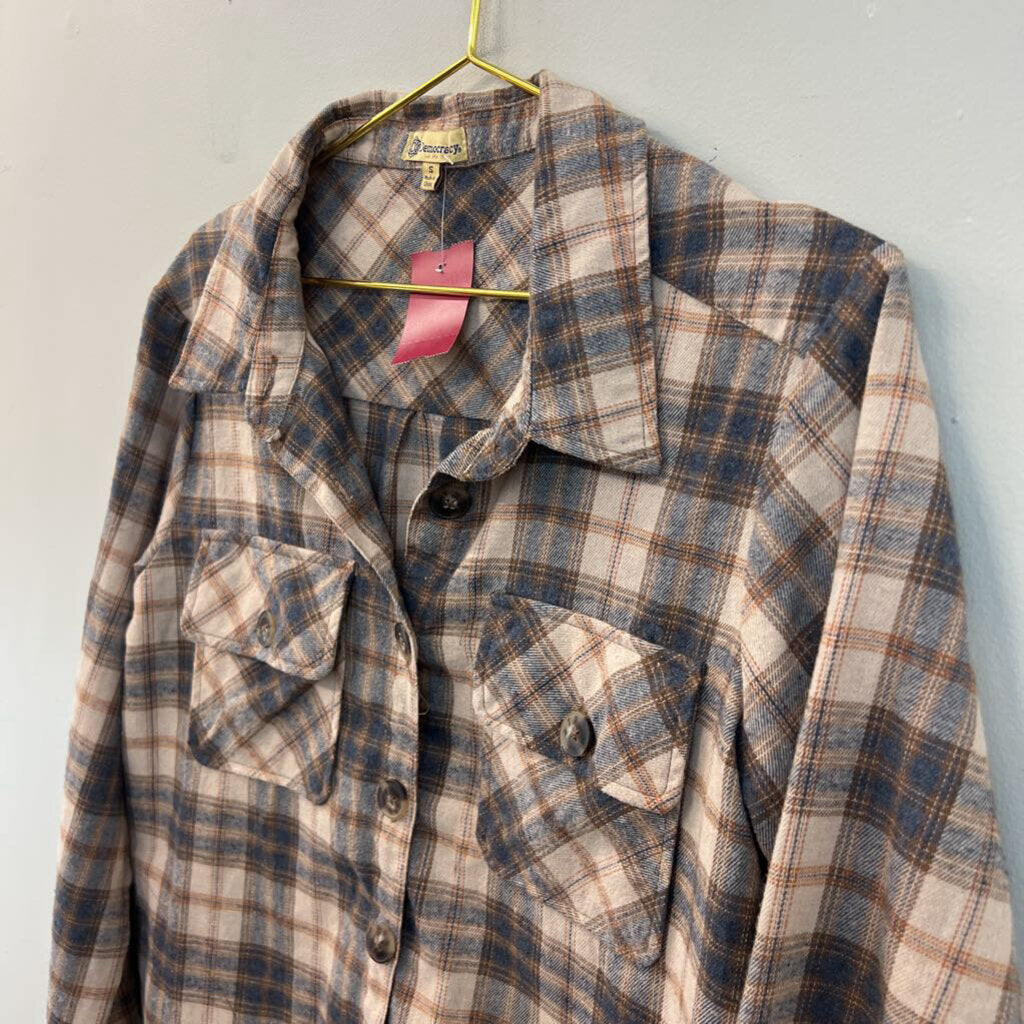 Democracy Brown/ Blue Plaid Long Sleeve Button Down Top Small