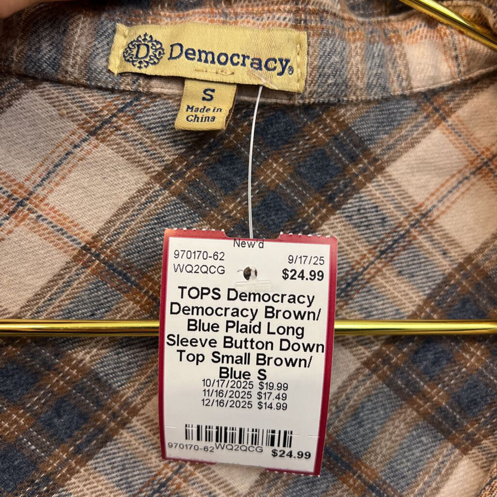 Democracy Brown/ Blue Plaid Long Sleeve Button Down Top Small