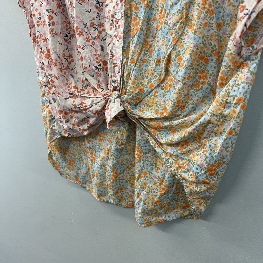 American Eagle Pink Flower Print Short Sleeve Button Down Top Medium