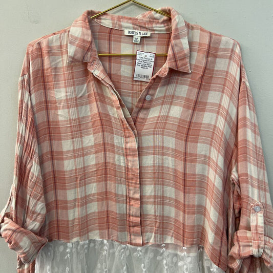 Tassels N Lace Pink Plaid Lace Hem Long Sleeve Top Medium