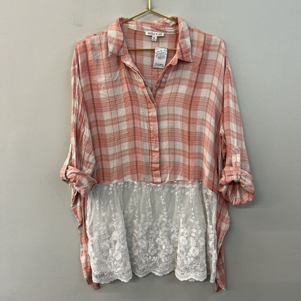 Tassels N Lace Pink Plaid Lace Hem Long Sleeve Top Medium