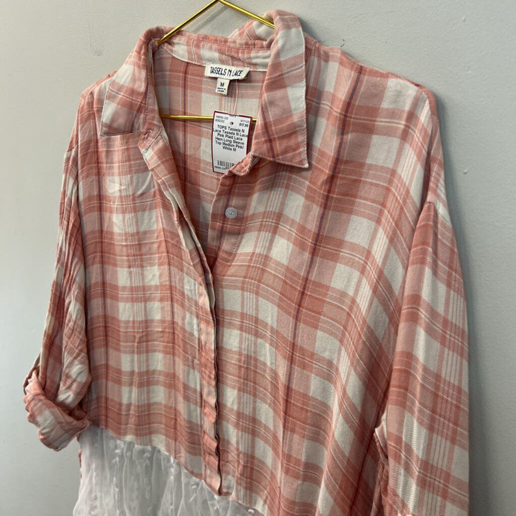 Tassels N Lace Pink Plaid Lace Hem Long Sleeve Top Medium