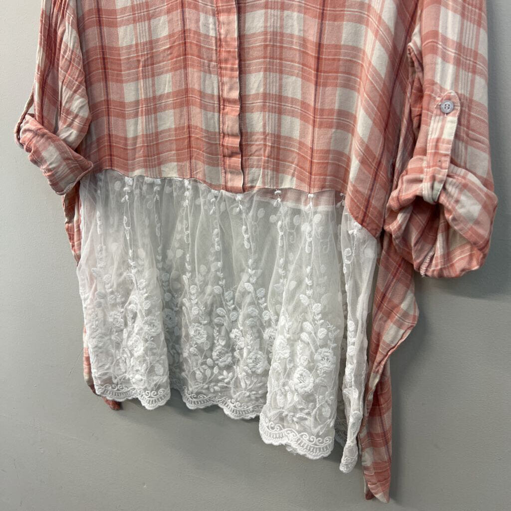 Tassels N Lace Pink Plaid Lace Hem Long Sleeve Top Medium