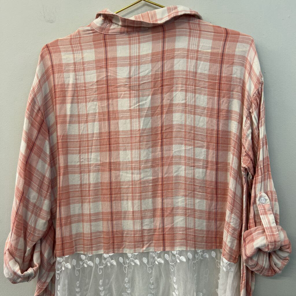 Tassels N Lace Pink Plaid Lace Hem Long Sleeve Top Medium