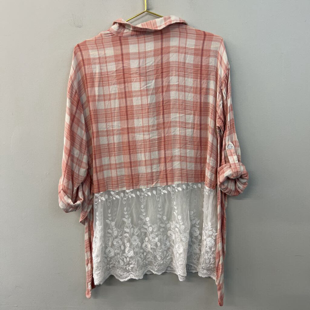 Tassels N Lace Pink Plaid Lace Hem Long Sleeve Top Medium