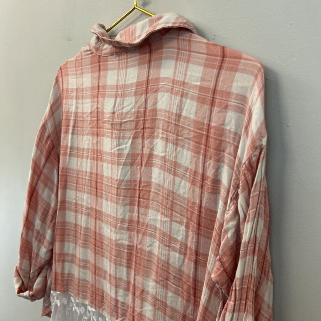 Tassels N Lace Pink Plaid Lace Hem Long Sleeve Top Medium