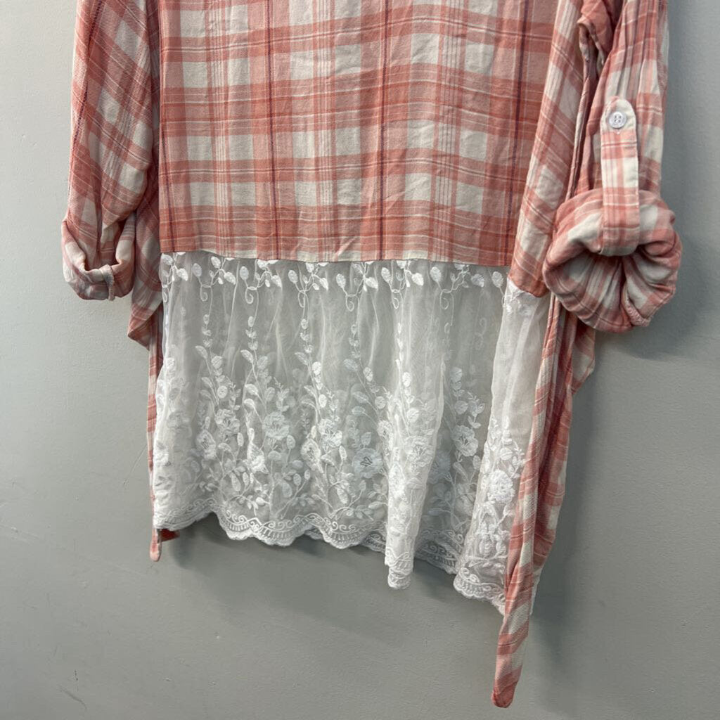 Tassels N Lace Pink Plaid Lace Hem Long Sleeve Top Medium