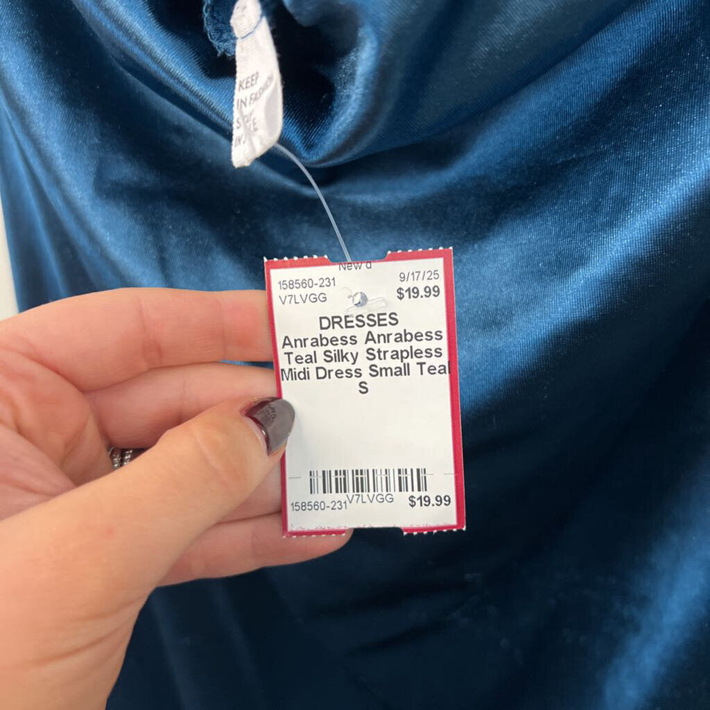 Anrabess Teal Silky Strapless Midi Dress Small