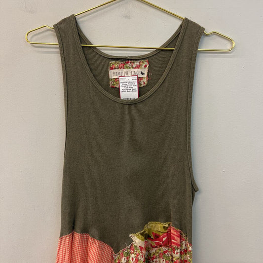 Primitive Fringe Green/ Multi Tank Print Patchwork Skirt Dress Extra Small