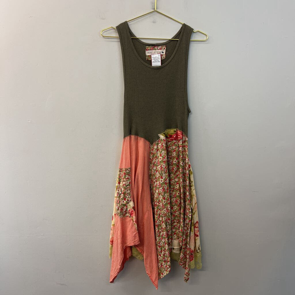 Primitive Fringe Green/ Multi Tank Print Patchwork Skirt Dress Extra Small