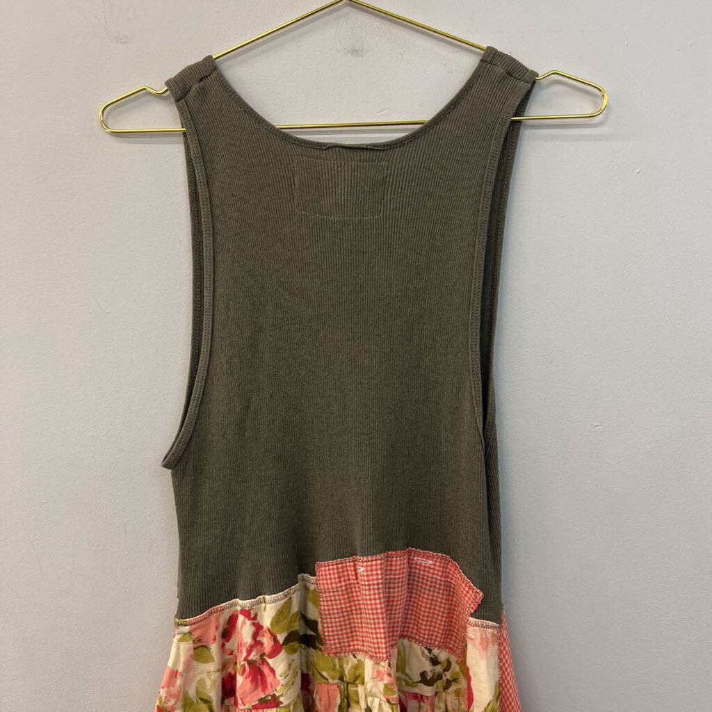 Primitive Fringe Green/ Multi Tank Print Patchwork Skirt Dress Extra Small