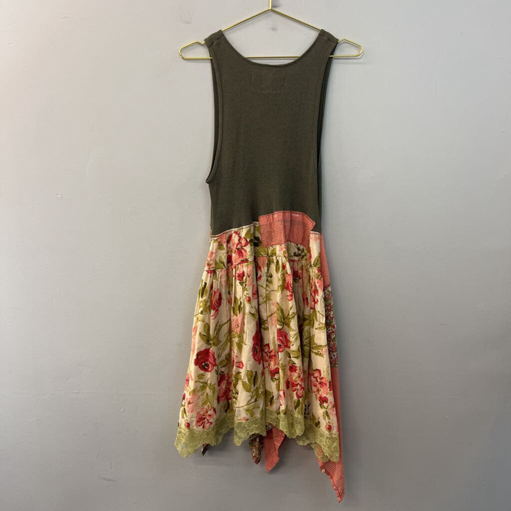 Primitive Fringe Green/ Multi Tank Print Patchwork Skirt Dress Extra Small