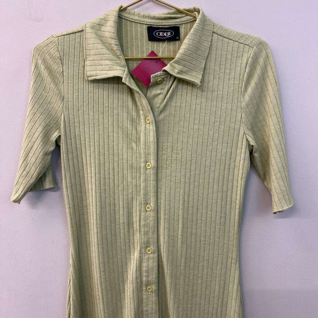 Cider Green Ribbed Short Sleeve Button Down Dress Small