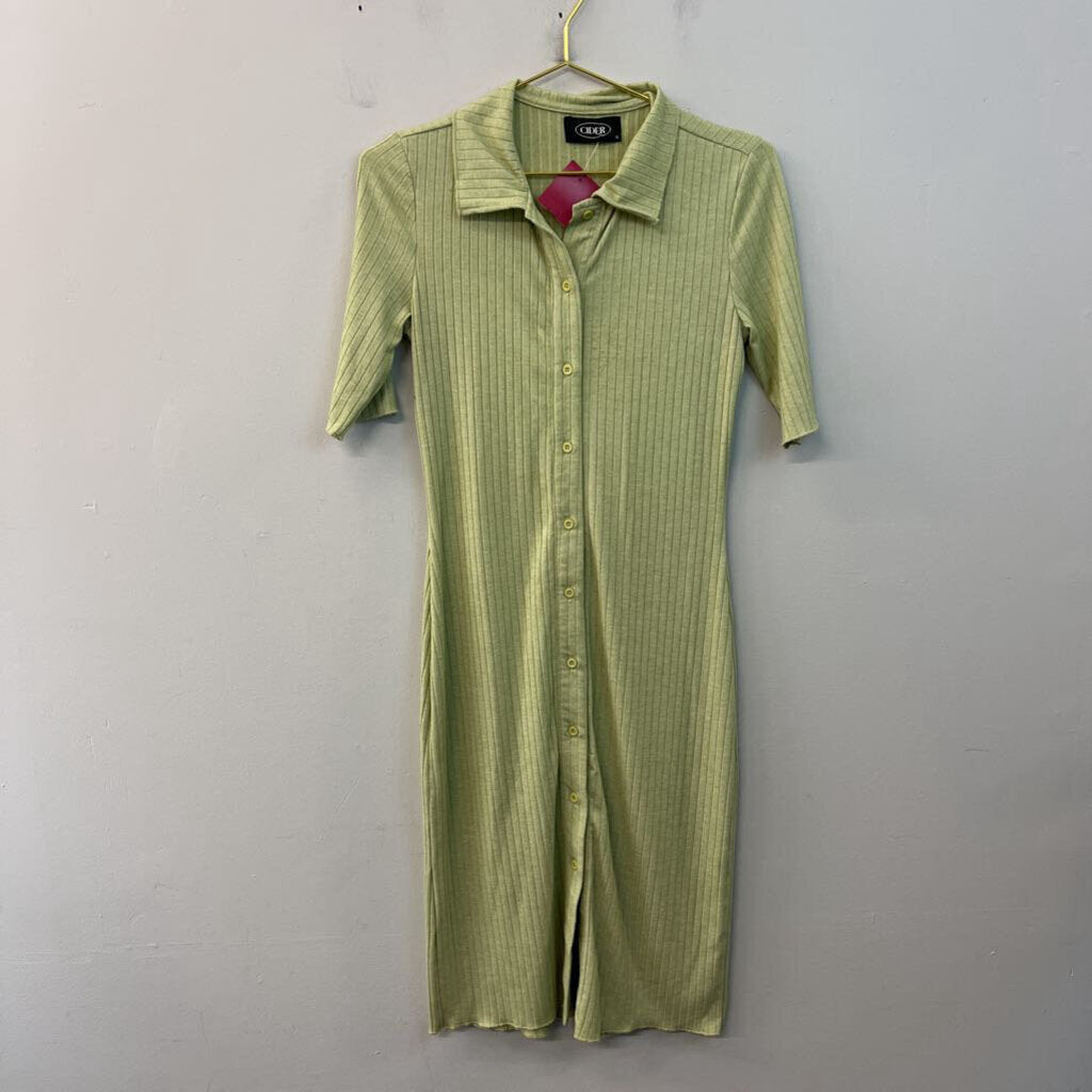 Cider Green Ribbed Short Sleeve Button Down Dress Small