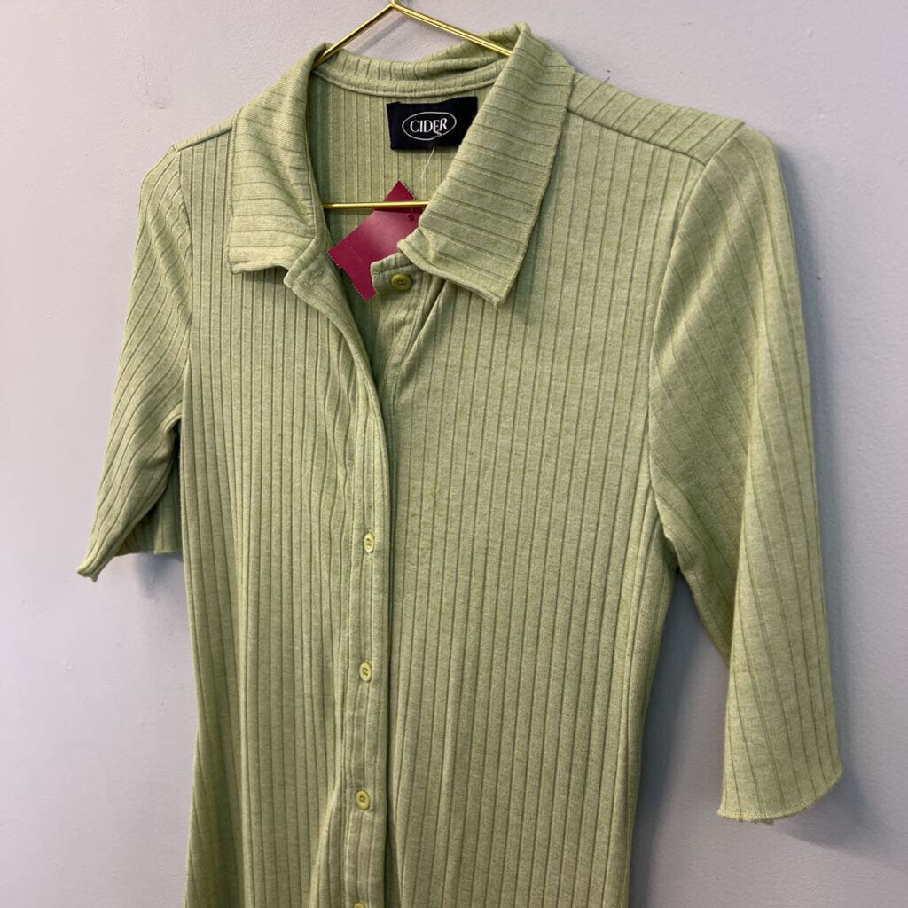 Cider Green Ribbed Short Sleeve Button Down Dress Small