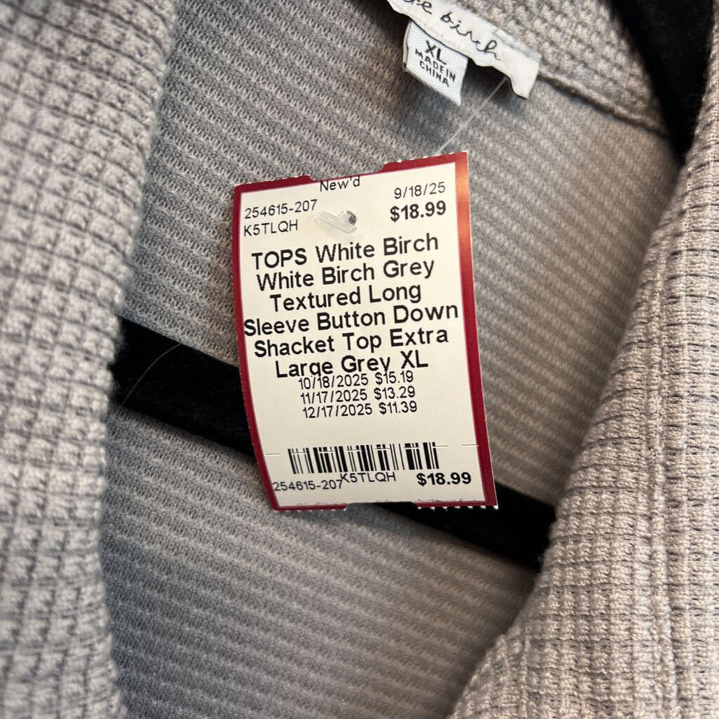 White Birch Grey Textured Long Sleeve Button Down Shacket Top Extra Large