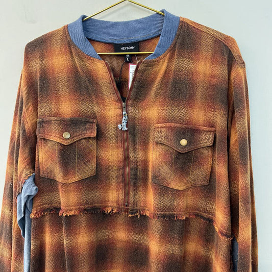 Heyson Brown Plaid/ Denim Half Zip Pullover Large