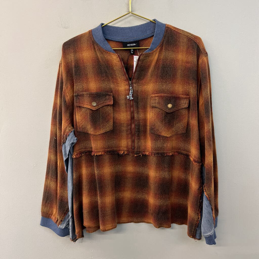 Heyson Brown Plaid/ Denim Half Zip Pullover Large