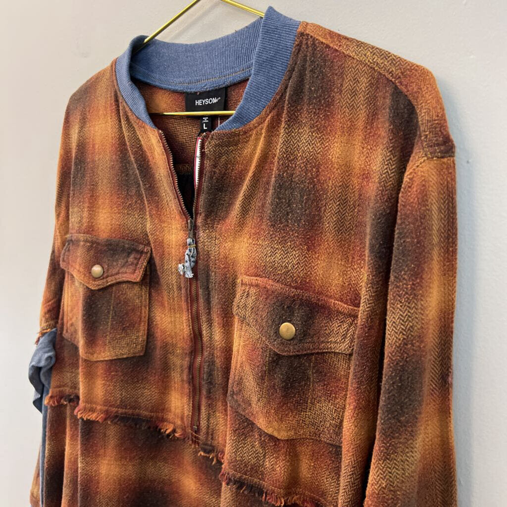 Heyson Brown Plaid/ Denim Half Zip Pullover Large