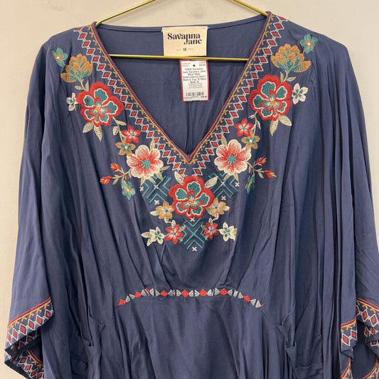 Savanna Jane Blue/ Multi Embroidered Short Sleeve Top 1X