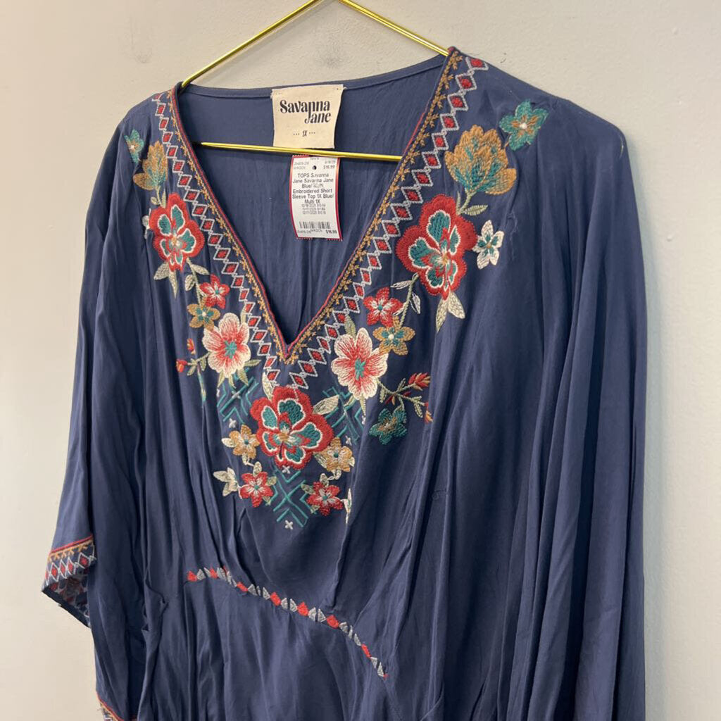 Savanna Jane Blue/ Multi Embroidered Short Sleeve Top 1X